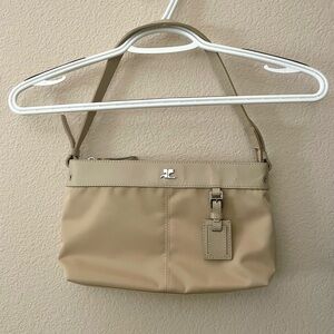 Vintage Courrèges nylon small shoulder bag/handbag with metal logo in beige/tan